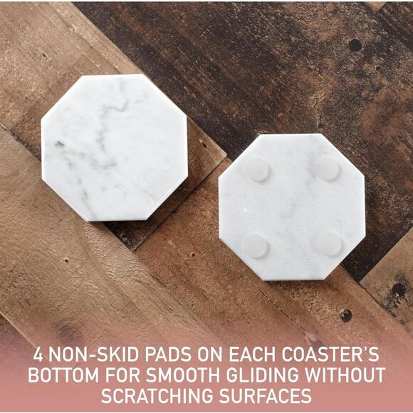 NIB D'Eco White Carrara Marble Coasters & Rose Gold Coaster Holder, Set of 5 - Picture 11 of 13